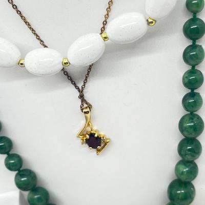 LOT 125J: Vintage Jewelry Lot: Lindenwold Jewelers Goldtone Cubic Zirconia 18" Necklace, 26" Green Beads, 18" White Beads,...