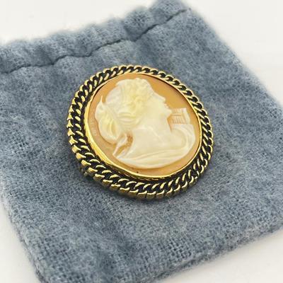 LOT 126J: Vintage Catamore Carved Shell Cameo Brooch/Pin - 12K Gold Filled