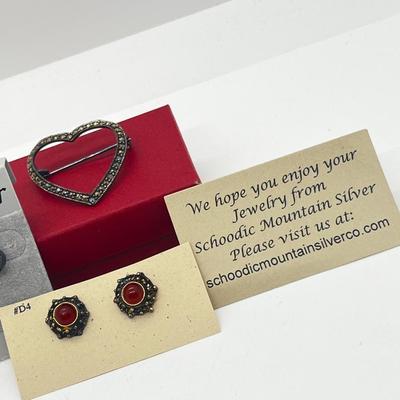 LOT 127J: 925 Marcasite Heart Brooch/Pin and Two Pairs of Sterling Pierced Earrings