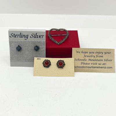 LOT 127J: 925 Marcasite Heart Brooch/Pin and Two Pairs of Sterling Pierced Earrings