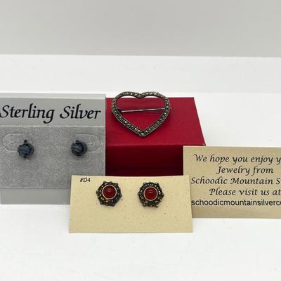 LOT 127J: 925 Marcasite Heart Brooch/Pin and Two Pairs of Sterling Pierced Earrings