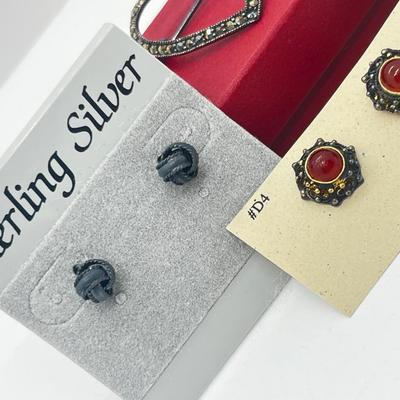 LOT 127J: 925 Marcasite Heart Brooch/Pin and Two Pairs of Sterling Pierced Earrings