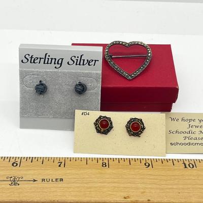 LOT 127J: 925 Marcasite Heart Brooch/Pin and Two Pairs of Sterling Pierced Earrings
