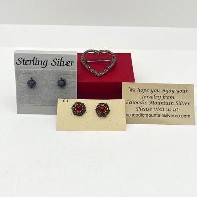 LOT 127J: 925 Marcasite Heart Brooch/Pin and Two Pairs of Sterling Pierced Earrings