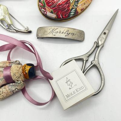 LOT 139J: Vintage Odds and Ends Collection: Silver Plated Box for Sweetener Packets, "Marilyn" Barette, Sewing Tin, Scissors...