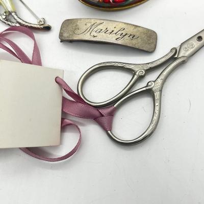 LOT 139J: Vintage Odds and Ends Collection: Silver Plated Box for Sweetener Packets, "Marilyn" Barette, Sewing Tin, Scissors...