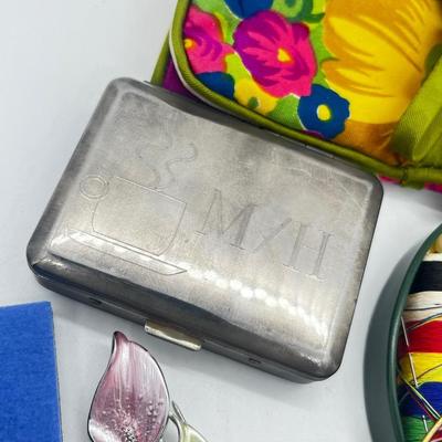 LOT 139J: Vintage Odds and Ends Collection: Silver Plated Box for Sweetener Packets, "Marilyn" Barette, Sewing Tin, Scissors...