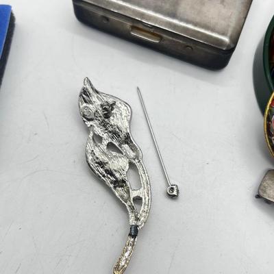 LOT 139J: Vintage Odds and Ends Collection: Silver Plated Box for Sweetener Packets, "Marilyn" Barette, Sewing Tin, Scissors...