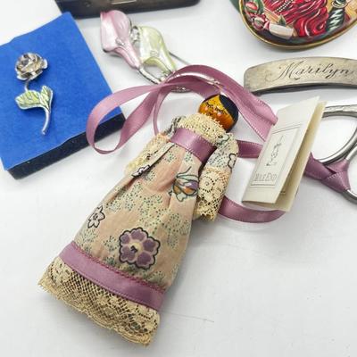 LOT 139J: Vintage Odds and Ends Collection: Silver Plated Box for Sweetener Packets, "Marilyn" Barette, Sewing Tin, Scissors...