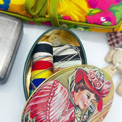 LOT 139J: Vintage Odds and Ends Collection: Silver Plated Box for Sweetener Packets, "Marilyn" Barette, Sewing Tin, Scissors...