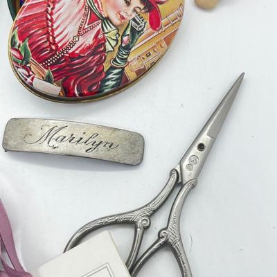LOT 139J: Vintage Odds and Ends Collection: Silver Plated Box for Sweetener Packets, "Marilyn" Barette, Sewing Tin, Scissors...