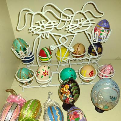 Hand Decorated 'Eggs' with Wire Display Holder