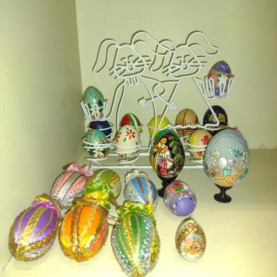 Hand Decorated 'Eggs' with Wire Display Holder