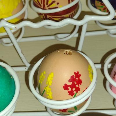 Hand Decorated 'Eggs' with Wire Display Holder