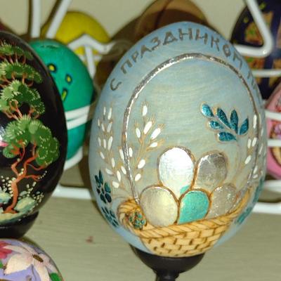 Hand Decorated 'Eggs' with Wire Display Holder