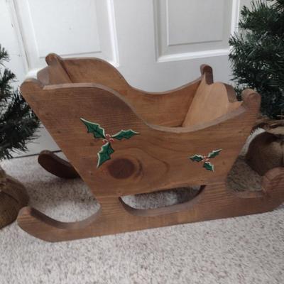 Pair of Small Lighted Trees and Wooden Sleigh