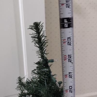 Pair of Small Lighted Trees and Wooden Sleigh