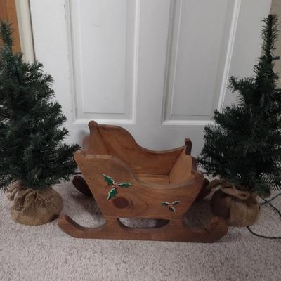 Pair of Small Lighted Trees and Wooden Sleigh