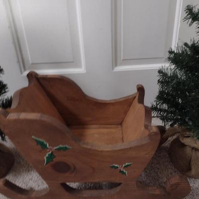 Pair of Small Lighted Trees and Wooden Sleigh