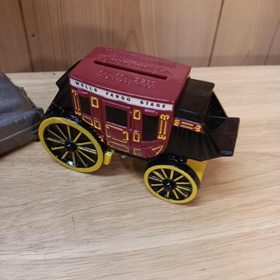 WELLS FARGO STAGECOACH BANK AND A POT METAL TOY CAR