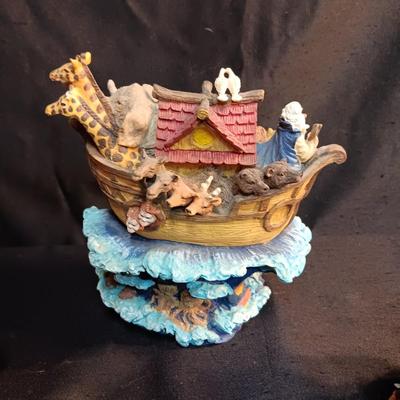 NOAH'S ARK AND LADY IN A FANCY DRESS MUSIC BOXES PLUS AN ASSORTMENT OF FIGURINES