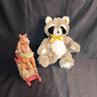 12" STEIFF RACOON AND A MUSICAL ROCKING HORSE