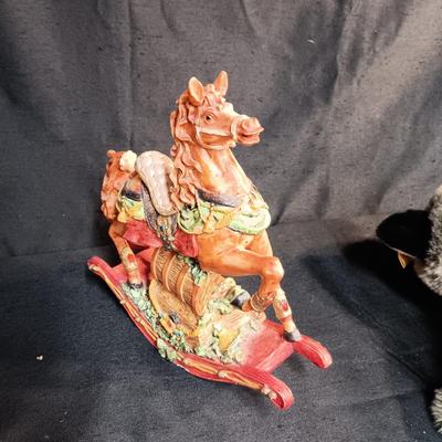 12" STEIFF RACOON AND A MUSICAL ROCKING HORSE