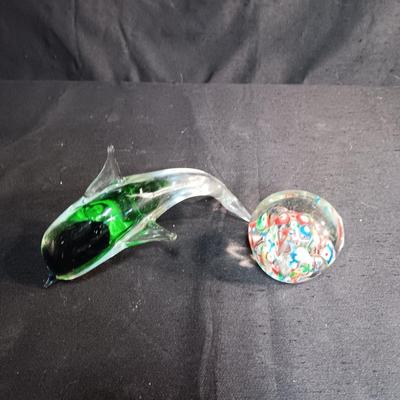 GLASS WHALE AND PAPERWEIGHT