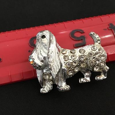 Vintage Rhinestone Hound Dog Brooch