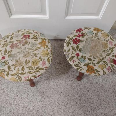 Pair of Wooden Footstools with Upholstered Tops