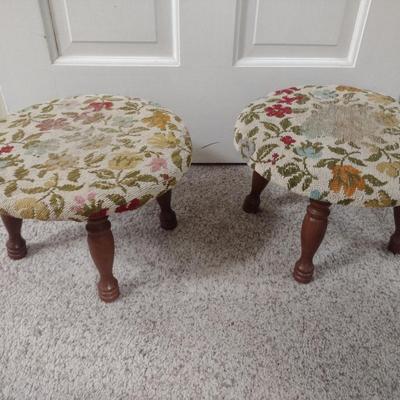 Pair of Wooden Footstools with Upholstered Tops