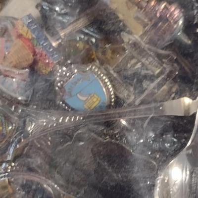 Collection of Souvenir Spoons with Wooden Display Rack