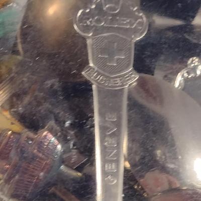 Collection of Souvenir Spoons with Wooden Display Rack
