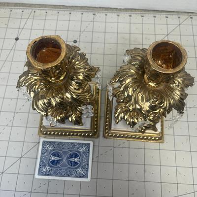 Vintage Hollywood Regency Style Ornate Gold Cast Metal Candlestick Holders Pair