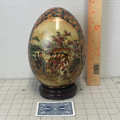 Japanese Hand-Painted Satsuma Moriage Goso Blue Egg Sculpture