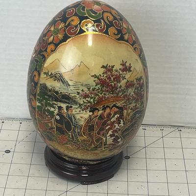 Japanese Hand-Painted Satsuma Moriage Goso Blue Egg Sculpture