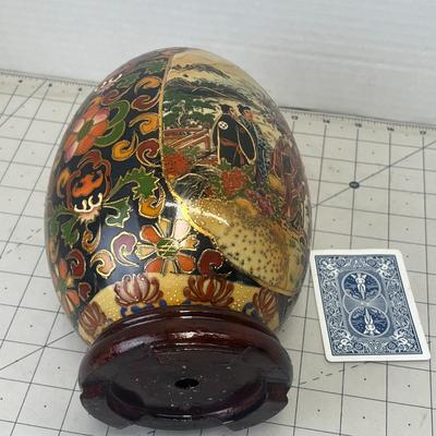 Japanese Hand-Painted Satsuma Moriage Goso Blue Egg Sculpture