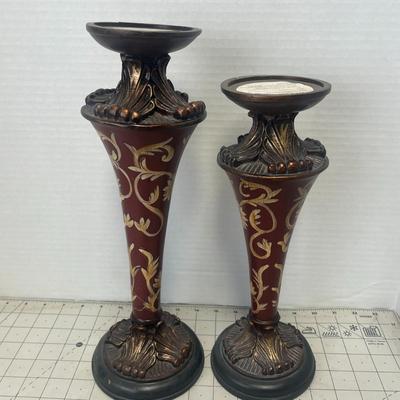 Set of 2 Ornate Red and Bronze Decorative Candle Holders