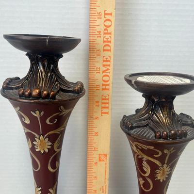 Set of 2 Ornate Red and Bronze Decorative Candle Holders