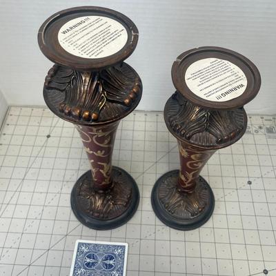 Set of 2 Ornate Red and Bronze Decorative Candle Holders