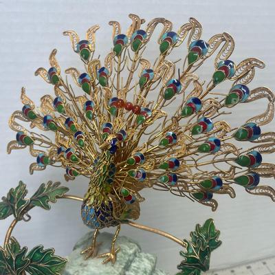 Chinese Jade & Enamel Peacock Sculpture