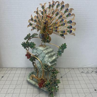 Chinese Jade & Enamel Peacock Sculpture