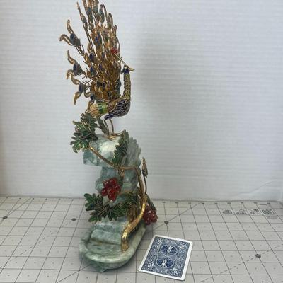 Chinese Jade & Enamel Peacock Sculpture