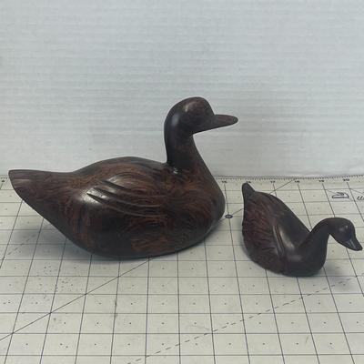 Set of 2 Hand-Carved Wooden Duck Figurines