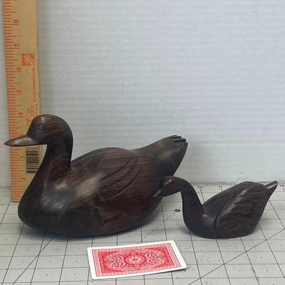 Set of 2 Hand-Carved Wooden Duck Figurines