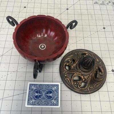 Vintage-Style Red and Bronze Ornamental Covered Bowl with Scroll Iron Legs