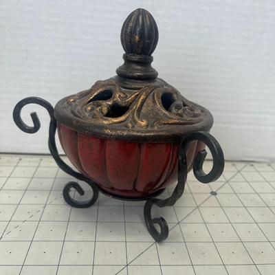 Vintage-Style Red and Bronze Ornamental Covered Bowl with Scroll Iron Legs