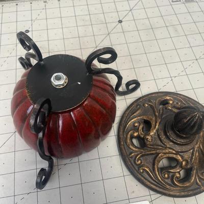 Vintage-Style Red and Bronze Ornamental Covered Bowl with Scroll Iron Legs