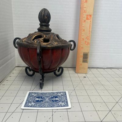 Vintage-Style Red and Bronze Ornamental Covered Bowl with Scroll Iron Legs