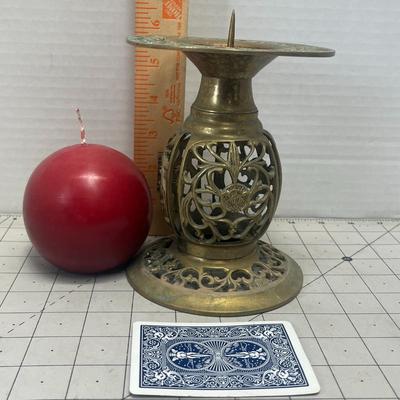 Vintage Reticulated Brass Bubble Pillar Candle Stick Holder Stand